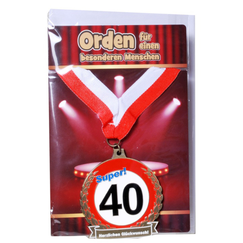 Udo Schmidt Orden 40 auf Karte mit rot weißem Band originelle Geburtstagsmedaille zum 40 Geburtstag